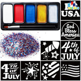 JOYIN 5-Color Patriotic Face & Body Paint Kit with Glitter & 16 Stencils - Red, White & Blue Makeup for 4th of July, Independence Day, Memorial Day & Veterans Day Parties