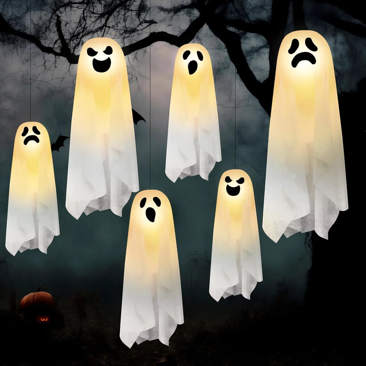 6-Pack Hanging Ghosts Halloween Decorations for Outdoor Use