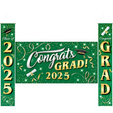 JOIN 3-Piece Graduation Decorations Class of 2025 - Green & Gold Satin Congrats Grad Banner Set for College Party Backdrop, Porch Hanging Supplies Indoor Outdoor