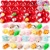 JOYIN 30-Pack Valentine's Day Heart Gift Cards with Mixed Critter Mochi Squishy Toys and Heart Shells