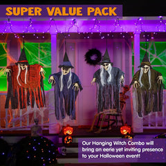 Set of 4 Hanging Witches in Purple, Orange, Green, and Grey