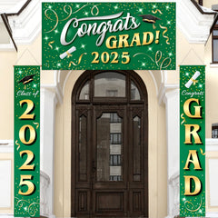 JOIN 3-Piece Graduation Decorations Class of 2025 - Green & Gold Satin Congrats Grad Banner Set for College Party Backdrop, Porch Hanging Supplies Indoor Outdoor