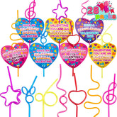 28-Pack Kids Valentine's Cards with Colorful Crazy Loop Reusable Drinking Straws - Classroom Exchange Gifts