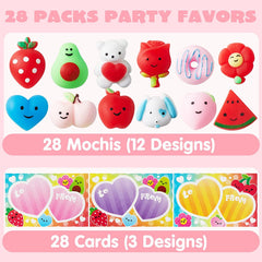 28-Pack Mochi Squishy Toys with Valentine's Day Cards for Classroom Exchange