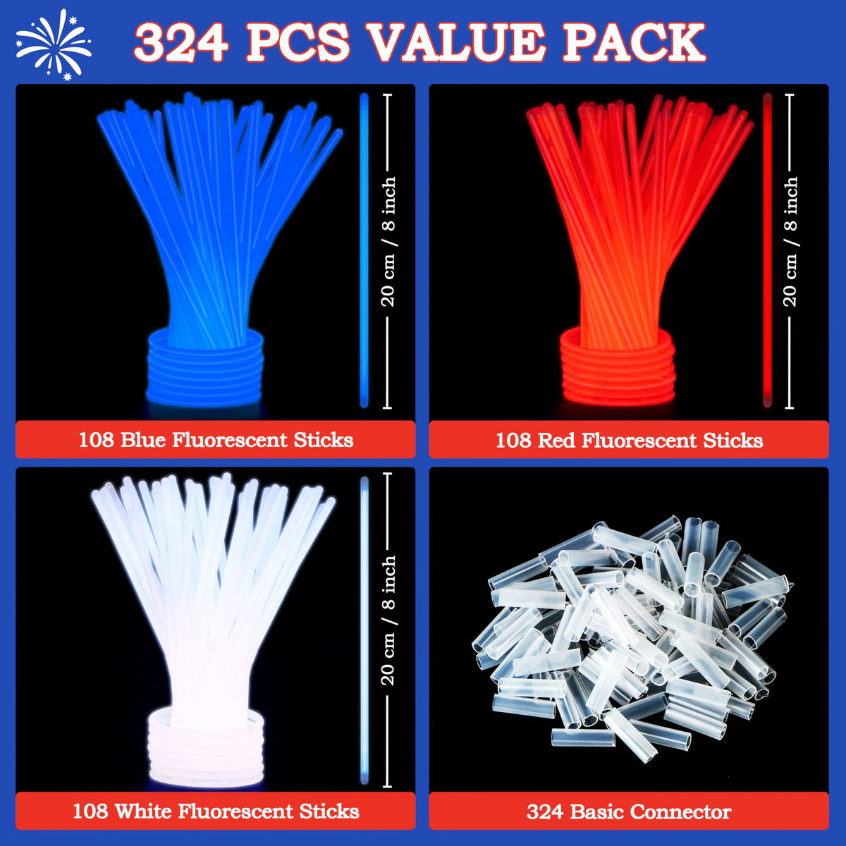 JOYIN 324 Pcs 4th of July Glow Sticks with Connectors - 8" Red White Blue Glow in the Dark Bracelets Necklaces for Kids Adults, Patriotic Light Up Toys for Independence Day Party Favor Accessory Supply