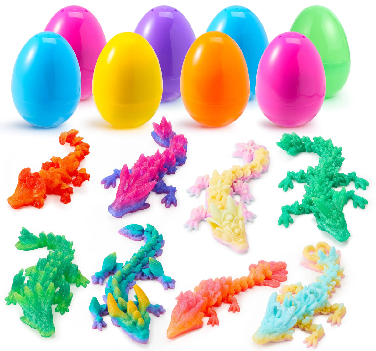 8 Prefilled Easter Eggs with 3D Articulated Dragon Fidget Toys, Easter Party Favors for Kids