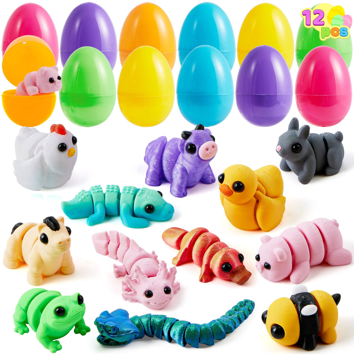 12 Prefilled Easter Eggs with 3D Mini Animals