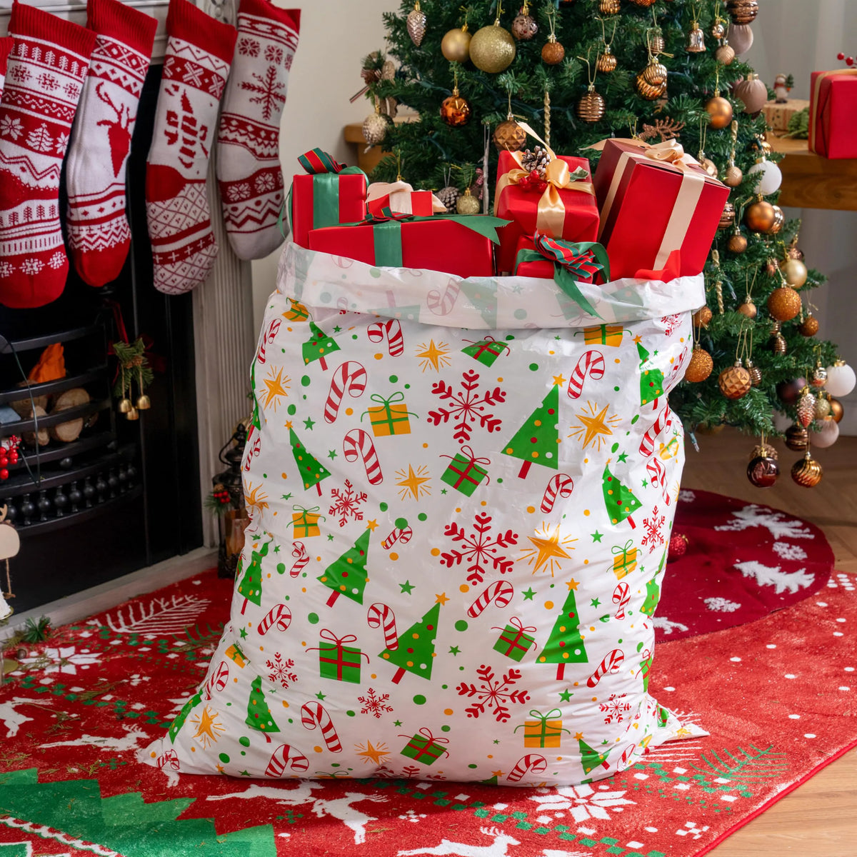 2 Large Red & White Christmas Holiday Plastic Gift Bags