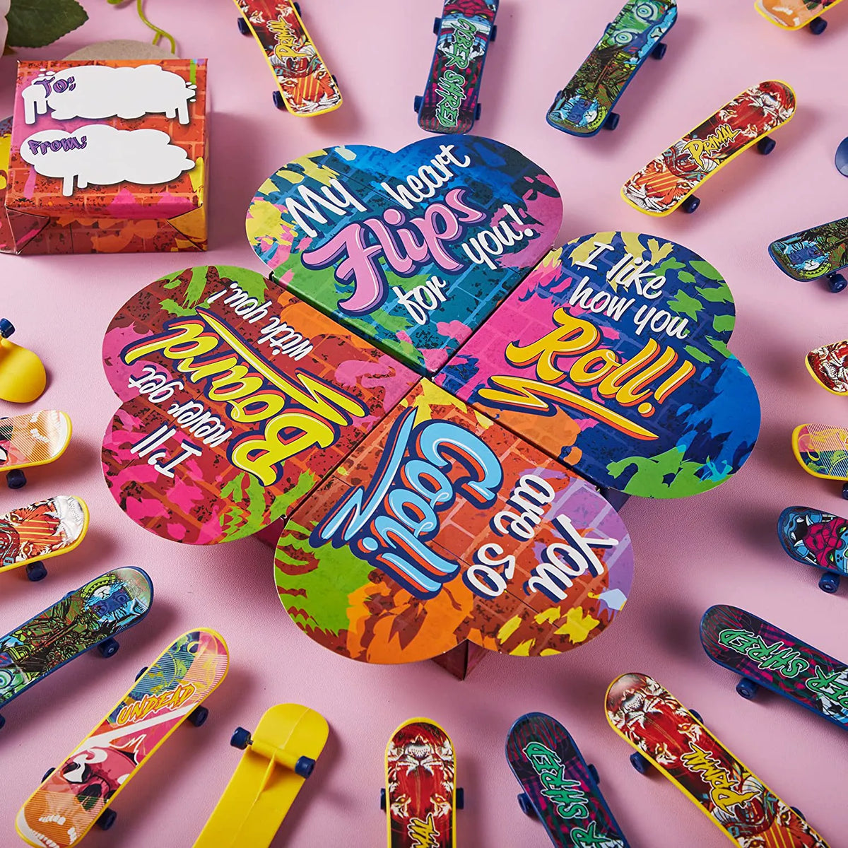 28 Mini Skateboards in Boxes with Valentine's Cards for Classroom Exchange