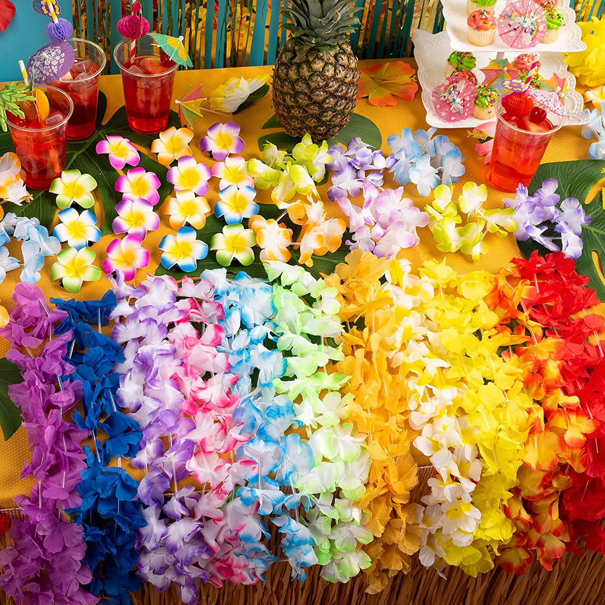 120-Pack Hawaiian Tropical Flower Leis for Kids and Adults