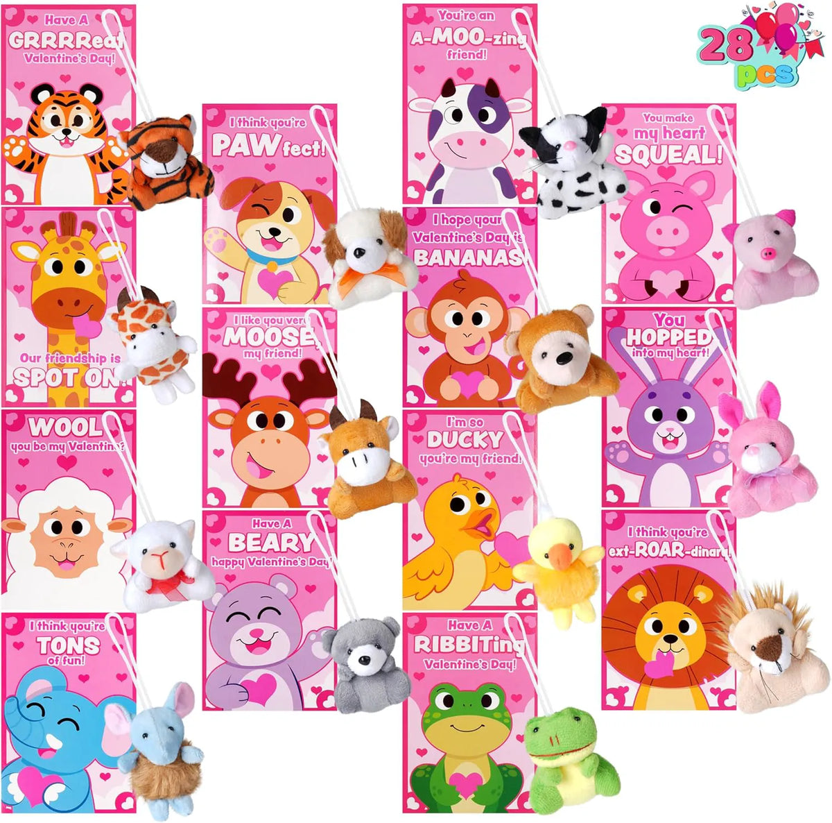 JOYIN 28 Pack Valentine's Day Gift Cards with Mini Plush Animal Toys