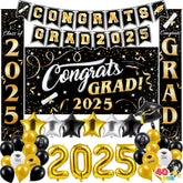 JOYIN Class of 2025 Graduation Party Decorations - Black & Gold Grad Celebration Supplies Set with Backdrop Banner, Porch Sign, Balloons, Foil Number 2025, Hanging Strip for High School College Grad