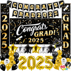 JOYIN Class of 2025 Graduation Party Decorations - Black & Gold Grad Celebration Supplies Set with Backdrop Banner, Porch Sign, Balloons, Foil Number 2025, Hanging Strip for High School College Grad