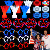 JOYIN 99 PCS Patriotic Glow Sticks, Bracelets, Necklaces & Glasses - Glow in The Dark Party Supplies for Independence Day - Blue, White, Red LED Accessories for Kids & Adults