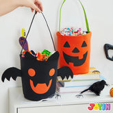 Halloween Bat & Pumpkin Candy Tote Bucket Set - Reusable Felt Trick-or-Treat Goody Bags