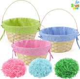3-Piece Easter Basket Set with Plaid Lining, Handles, and 3-Color Grass Paper Shreds for Egg Hunts