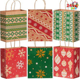 24 Pack Christmas Kraft Paper Gift Bags with Handles for Holiday Wrapping and Party Favors