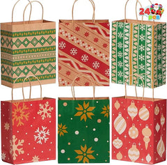 24 Pack Christmas Kraft Paper Gift Bags with Handles for Holiday Wrapping and Party Favors