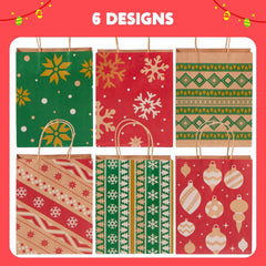24 Pack Christmas Kraft Paper Gift Bags with Handles for Holiday Wrapping and Party Favors