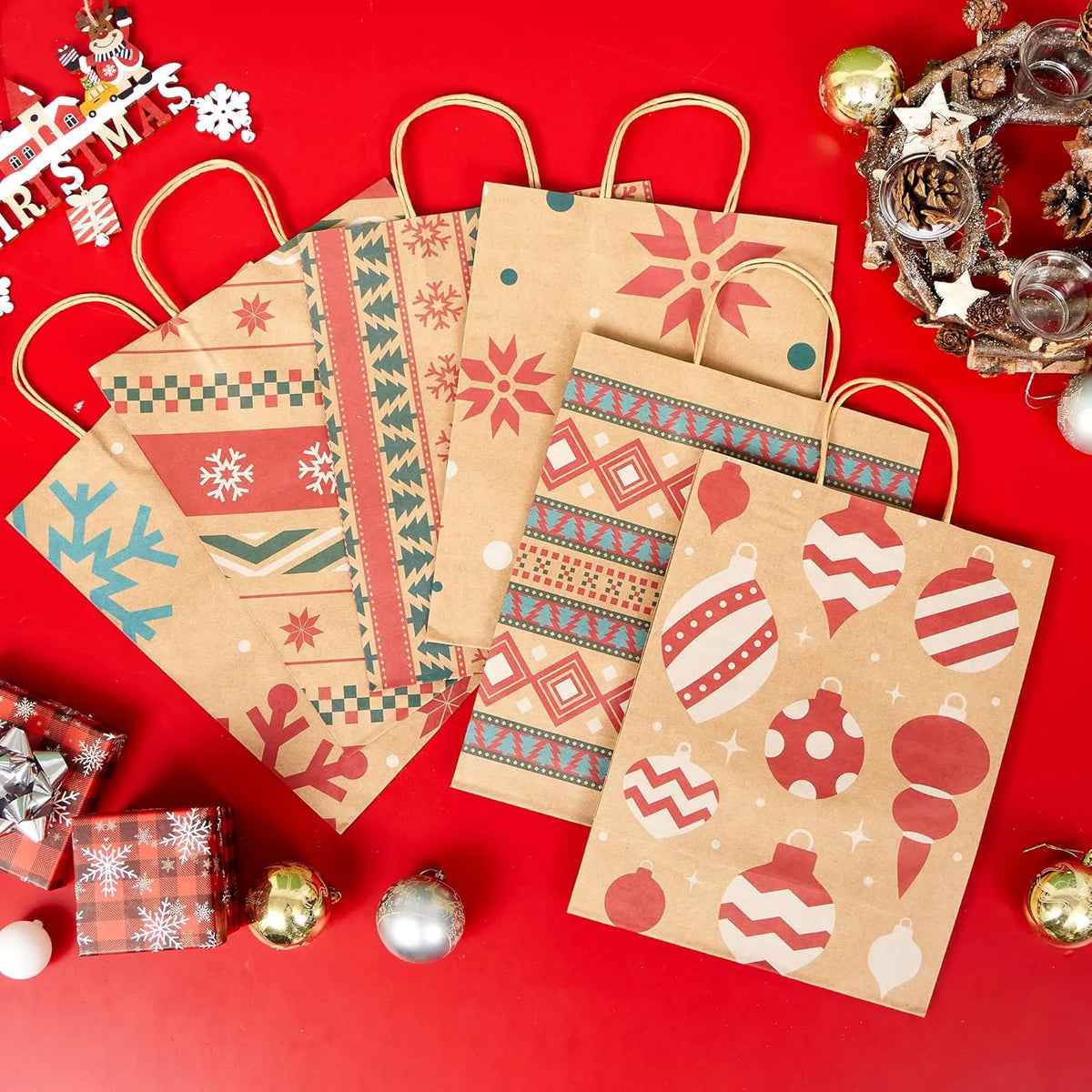 24 Pack Christmas Kraft Gift Bags with Handles for Holiday Presents