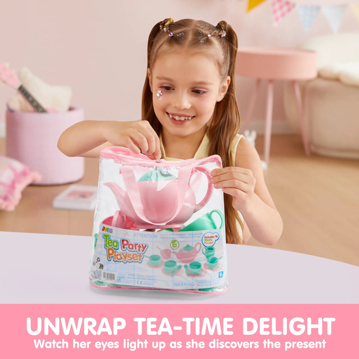 18-Piece Pretend Tea Party Set with Baby Pink Teapot