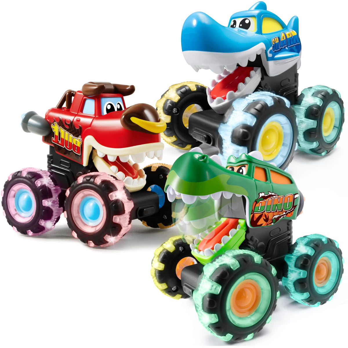 3-Pack Monster Truck Toys - Motion-Activated Light-Up Cars for Toddlers