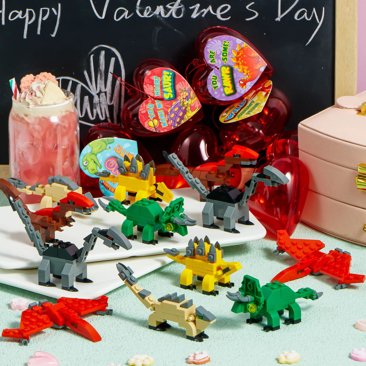 24 Pack Valentine's Day Cards with Dinosaur Building Blocks and Filled Hearts for Party Favors
