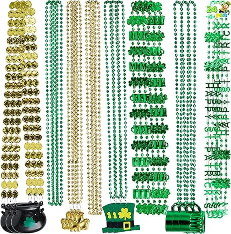 JOYIN 72 Pcs St. Patrick's Day Necklaces Set with Shamrock, Beer Mug, Hat, Pot, Gold Coin Elements