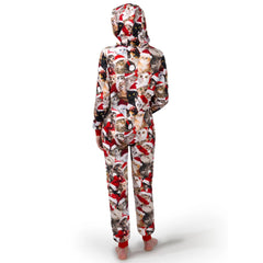 Adults' Cute Cat Print Christmas Hooded Pajamas with Pockets