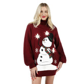 3D Snowman Women's Turtleneck Loose Sweater Dress - Christmas Ugly Sweater