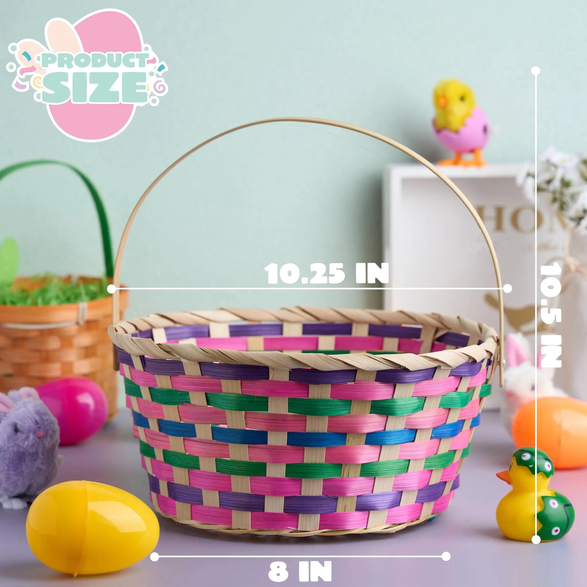 Easter Round Bamboo Woven Goodie Basket with Folding Handle