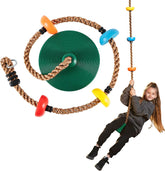 Green Climbing Rope Tree Swing with Platforms and Disc Seat