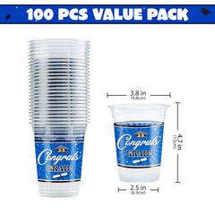 100 Pack 16oz Blue Disposable PET Graduation Cups - Class of 2026 Party Supplies