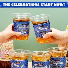 100 Pack 16oz Blue Disposable PET Graduation Cups - Class of 2026 Party Supplies