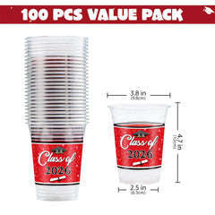 100 Pack 16oz Red Disposable PET Graduation Cups - Class of 2026 Party Supplies