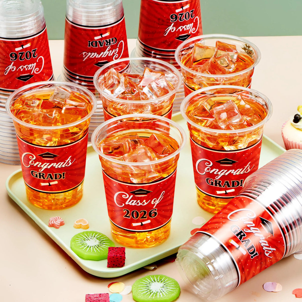 100 Pack 16oz Red Disposable PET Graduation Cups - Class of 2026 Party Supplies