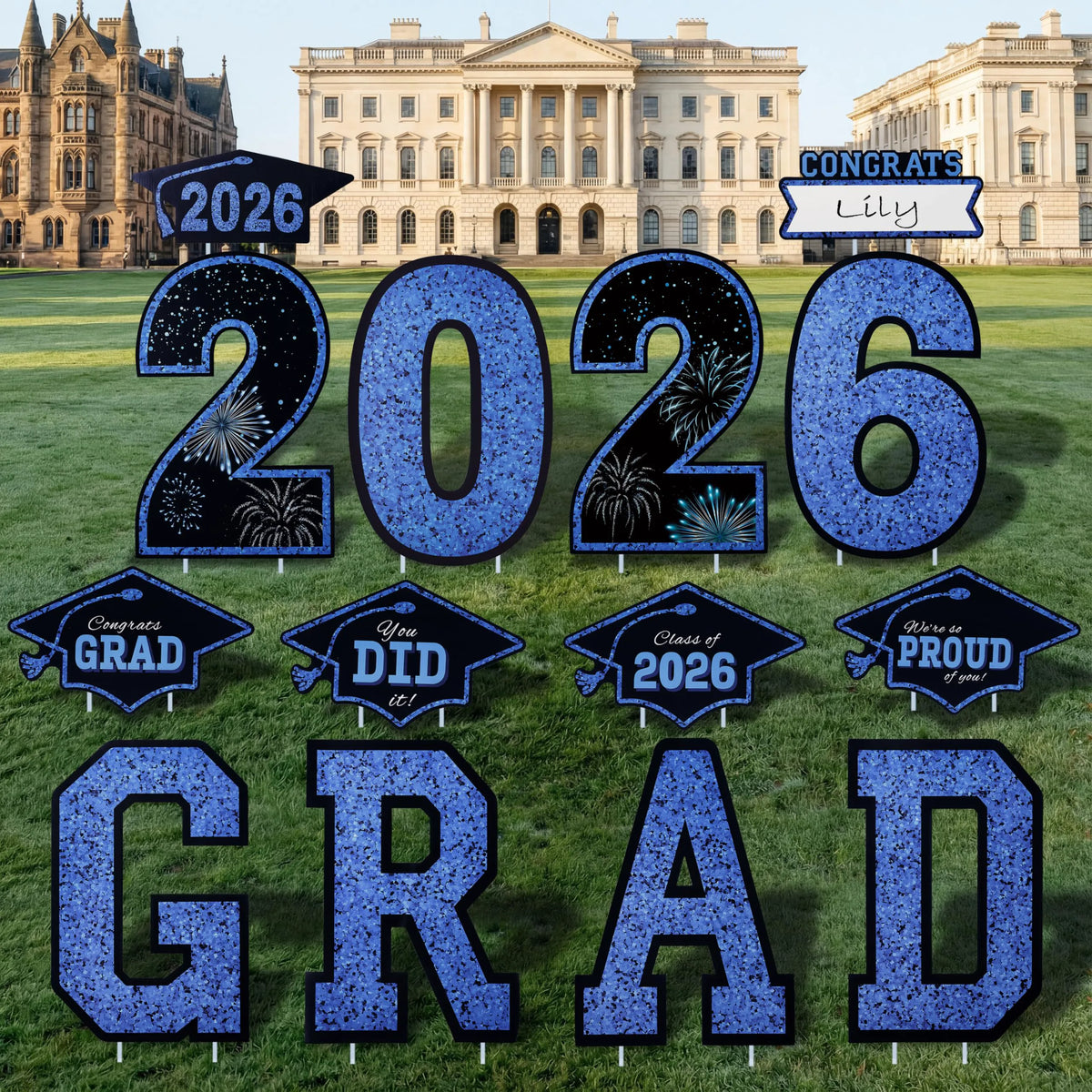14Pcs Black & Blue Graduation Yard Signs with 28 Stakes - Class of 2026 Grad Party Supplies
