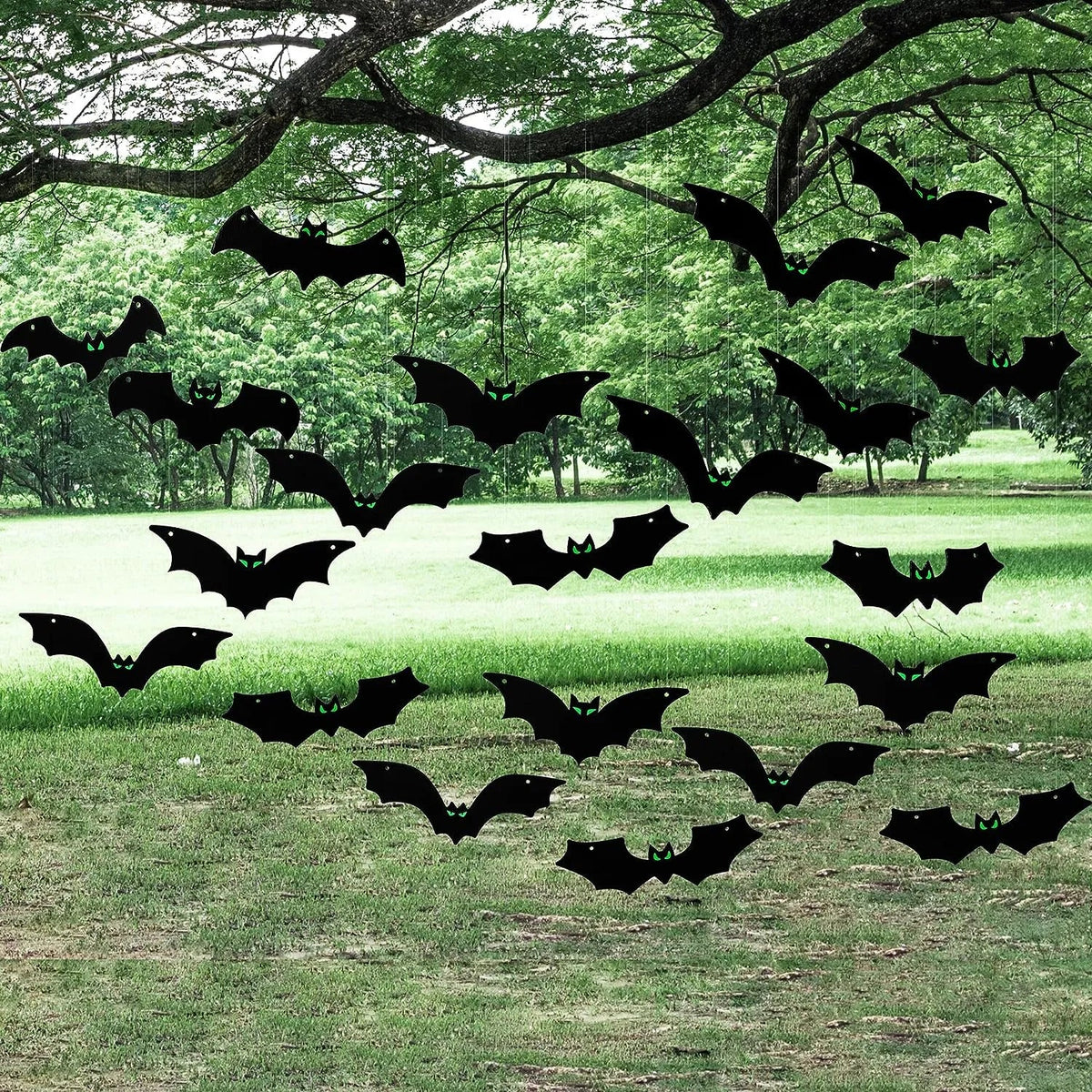 JOYIN 24-Pack Halloween Hanging Bats Decorations with Glow-in-the-Dark Eyes