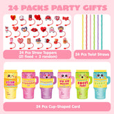 JOYIN 24 Pcs Valentine's Day Cards with Straw Covers and Caps for Cups