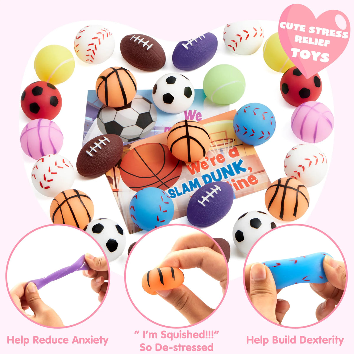 JOYIN 28-Pack Valentine's Day Kawaii Sports Ball Mochi Squishy Fidget Toys for Kids