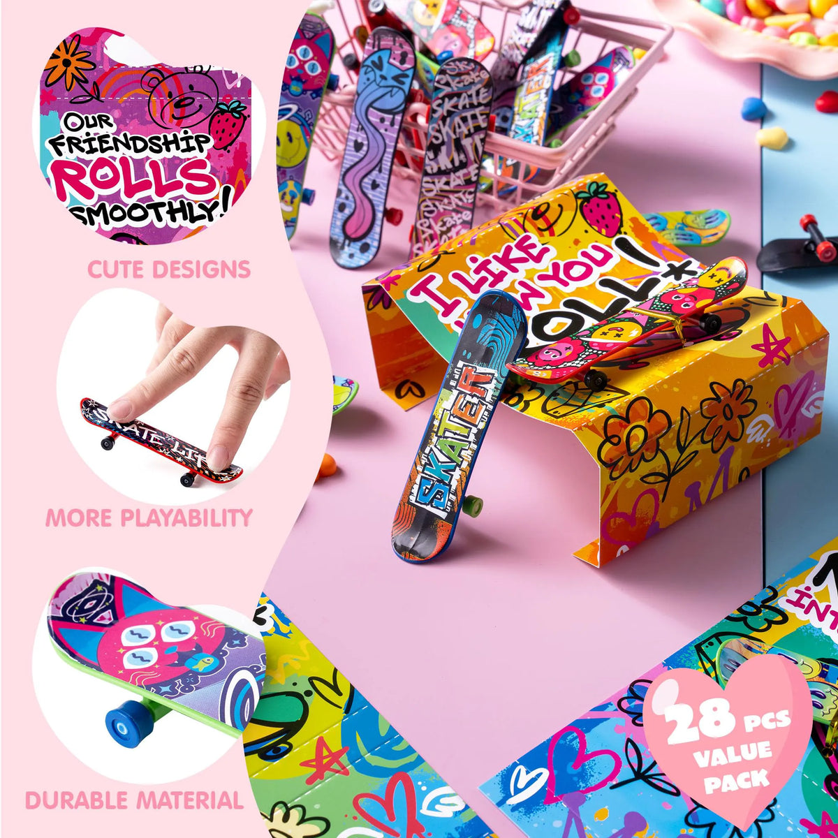 JOYIN 28-Piece Valentine's Day Finger Skateboards with Cards for Kids, Party Favors