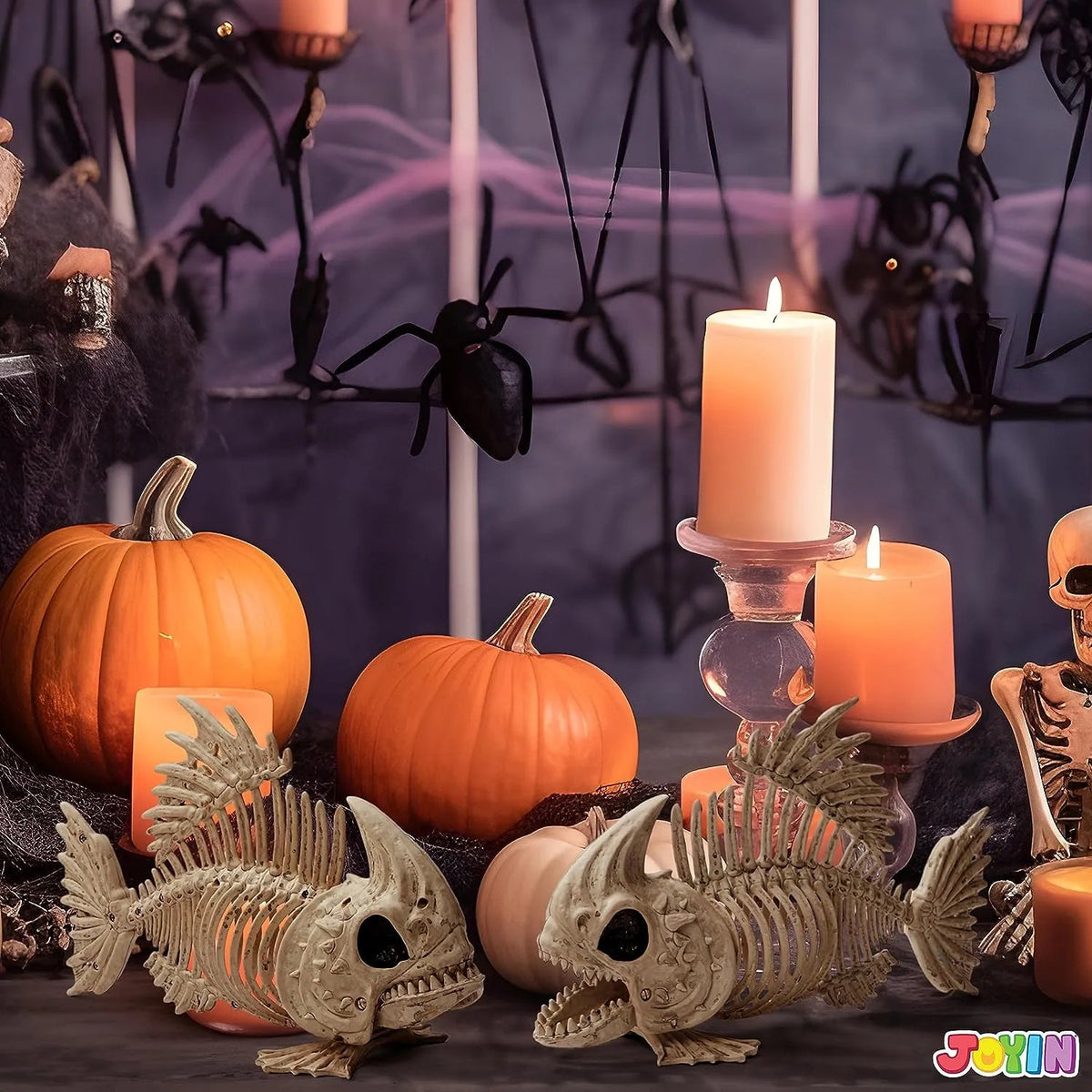 JOIN 2-Pack 9.5-Inch Halloween Fish Skeleton Plastic Bones with Posable Joints