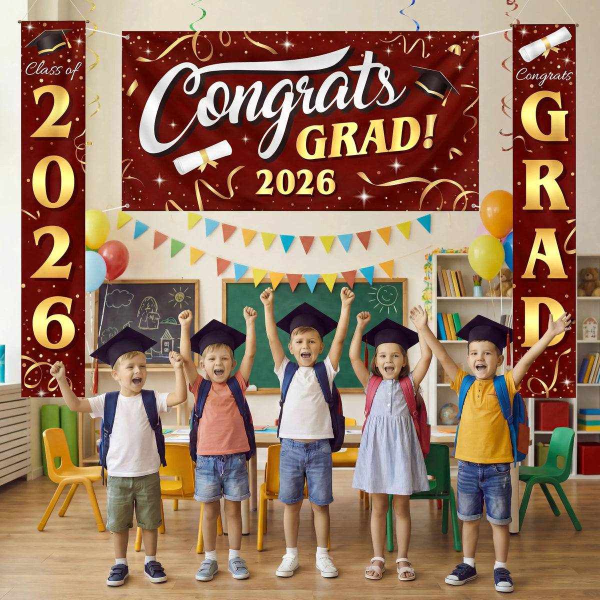 3Pcs Maroon & Gold Satin Graduation Backdrop Banners Class of 2026 Party Decor