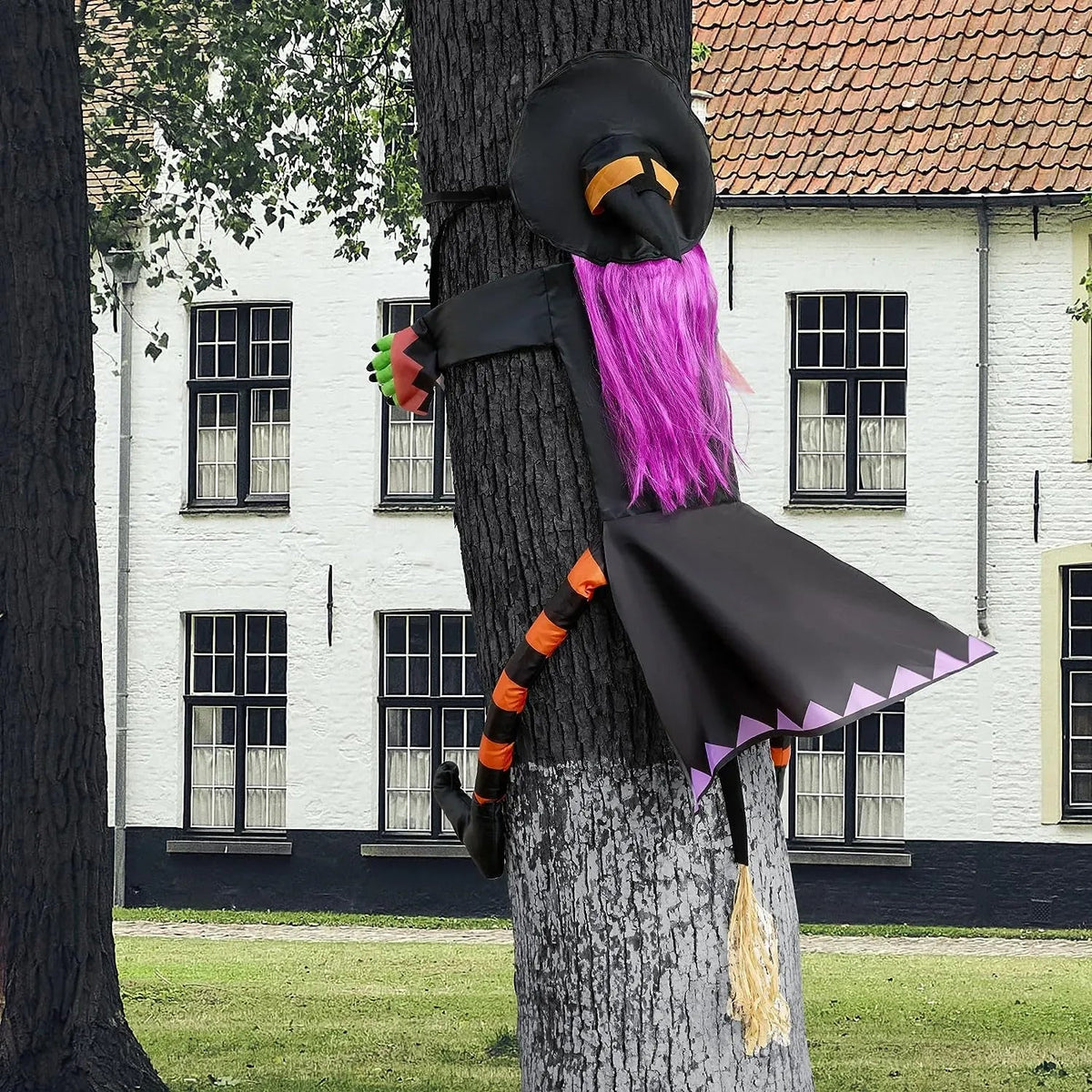 JOYIN 55-Inch Halloween Crashing Witch Decoration with Purple Hair