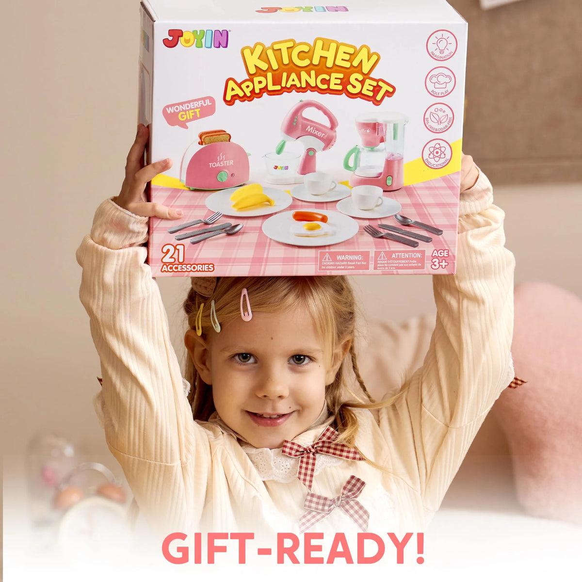 Pink Pretend Play Kitchen Set with Coffee Maker, Mixer, and Toaster