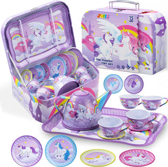 Purple Unicorn Castle Pretend Play Tin Teapot Set
