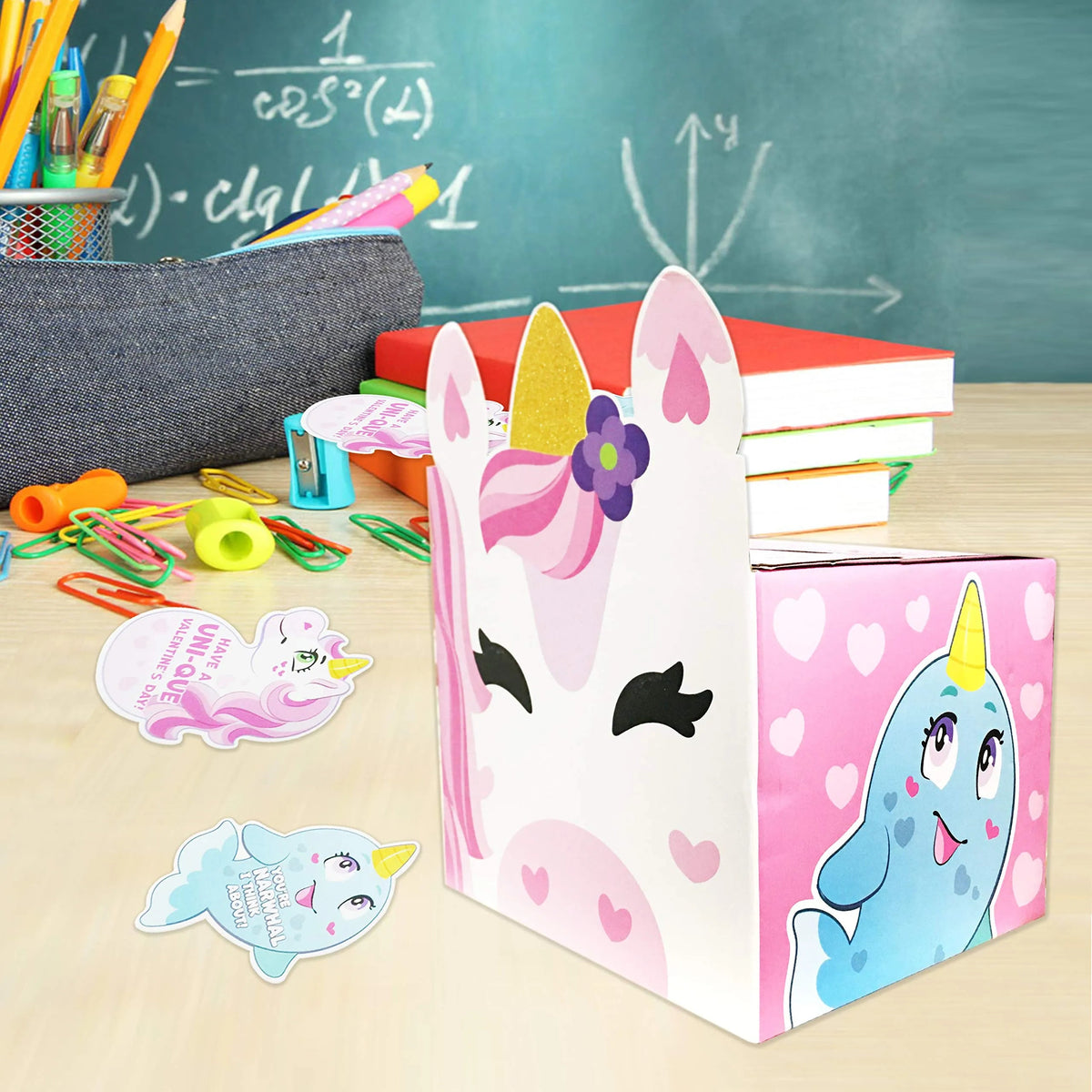 28-Pack Unicorn Valentine's Day Cards with Mailbox for Kids Classroom Exchange