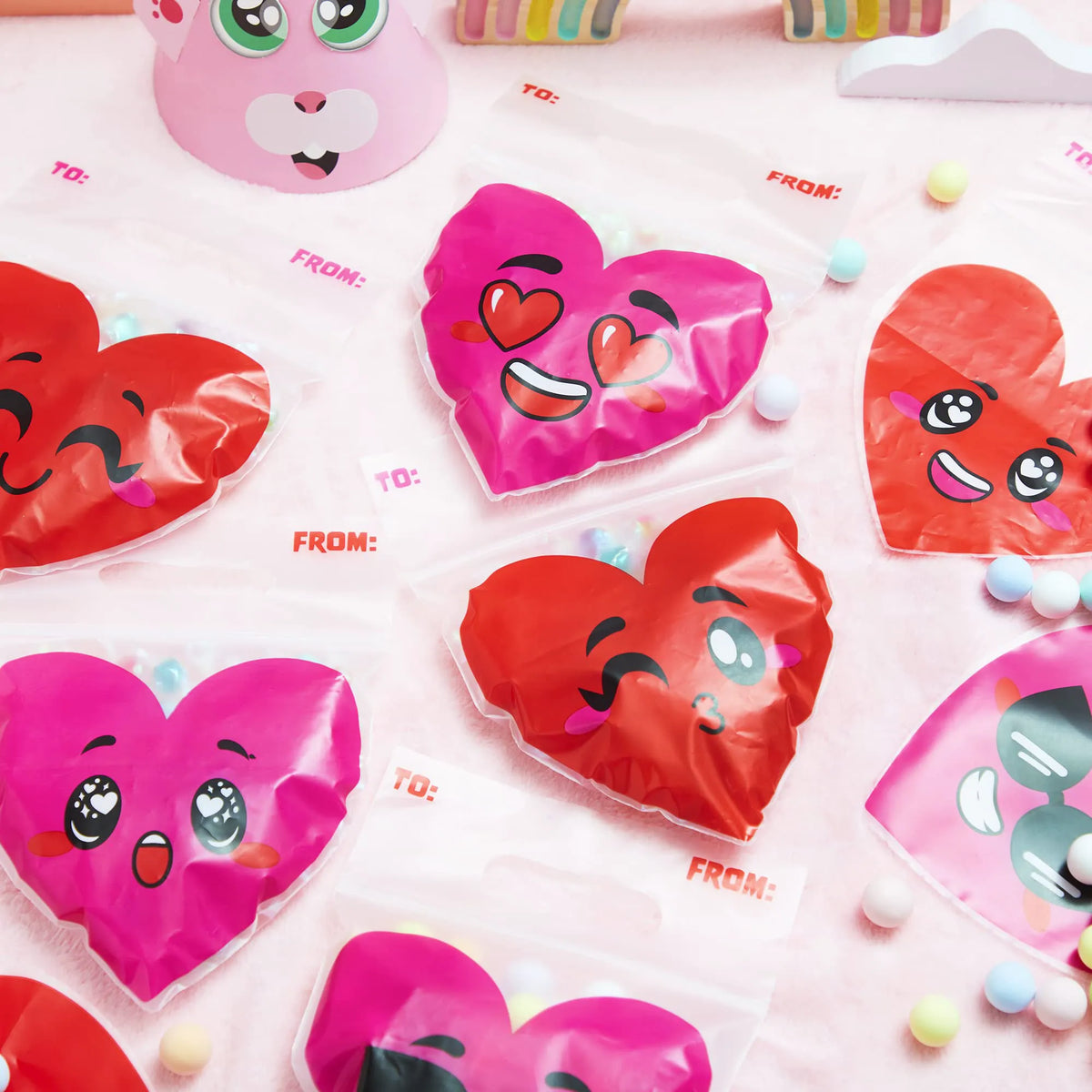 Valentine's Day Cellophane Gift Bags - 48 Pack Red Pink Heart Design Candy Treat Bags for Kids Party Favors, Classroom Exchange Prizes & Cookie Bags