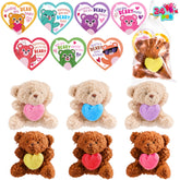 Valentine's Day Party Favors Bulk 24 Pack, Plush Teddy Bears Holding Hearts with Cards