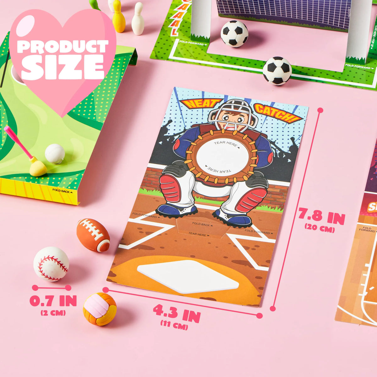 Valentine's Day Sports Party Favors for Kids - 28 Game Cards + 7 Mini Sports Ball Erasers (Football, Basketball, Soccer) | Class Prizes, Goodie Bag Stuffers